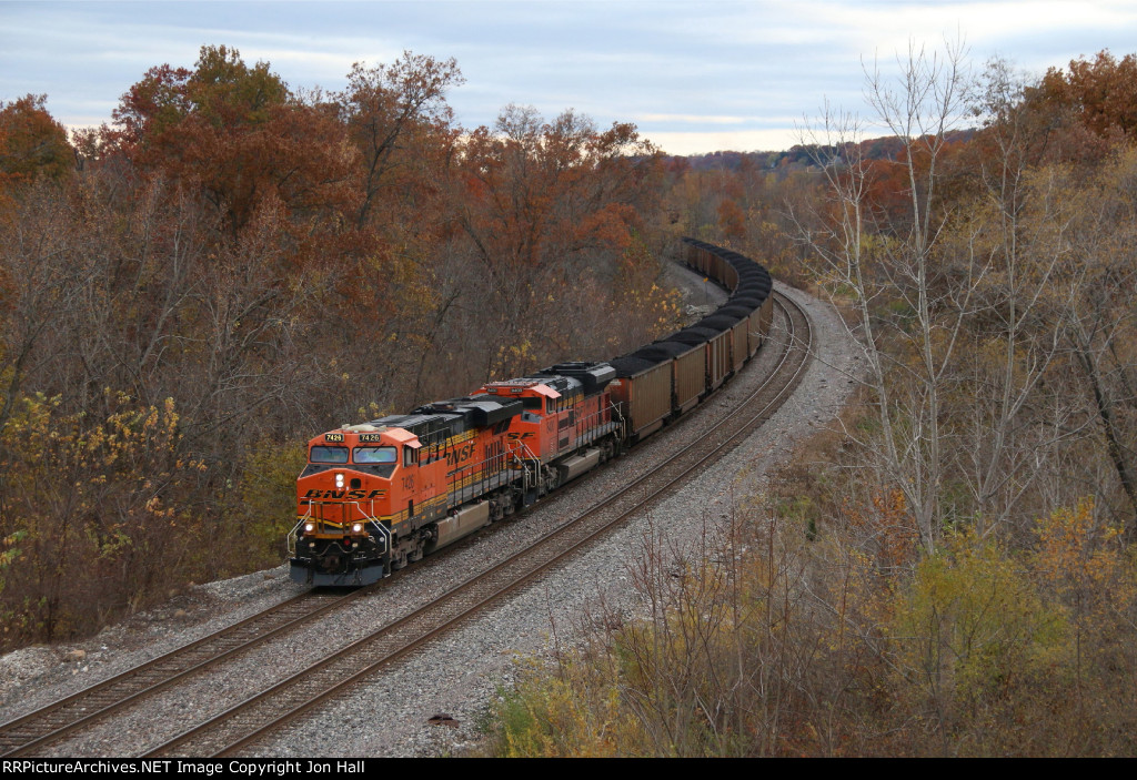 BNSF 7426 & 8400 lead Detroit Edison coal loads east after crossing the Mississippi